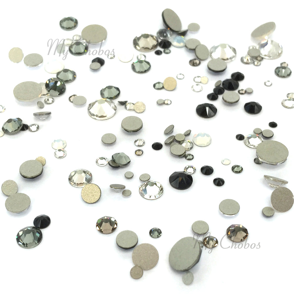 2058 & 2088 Swarovski Flatback No Hotfix Mix Sizes, Black White Mix