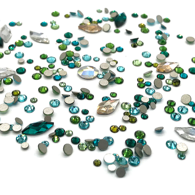 100 pcs Assorted Mixed Swarovski 2058 XILION Round & Special Shaped Flatbacks No-Hotfix for Nail Art, green teal FOREST Colors