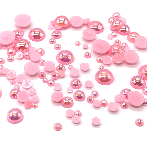 Assorted Mix Sizes (2mm to 10mm) Faux Round Shiny Pearls Flatback Cabochon, Pink AB