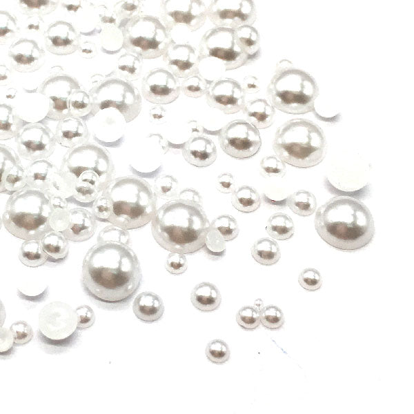 Assorted Mix Sizes (3mm to 8mm) Faux Round Pearls Flatback Cabochon, White