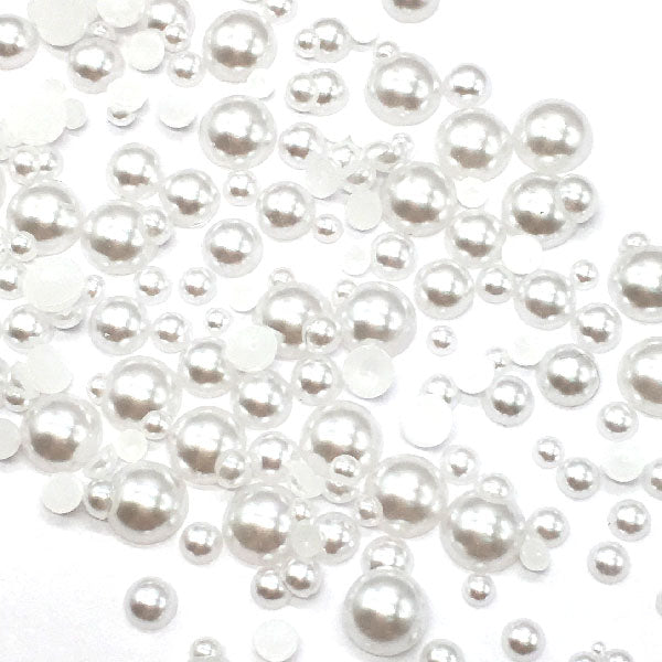 Assorted Mix Sizes (3mm to 8mm) Faux Round Pearls Flatback Cabochon, White