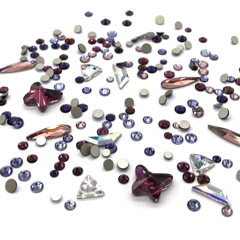100 pcs Assorted Mixed Swarovski 2058 XILION Round & Special Shaped Flatbacks No-Hotfix for Nail Art, PURPLE Colors