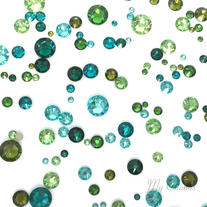 2058 &amp; 2088 Swarovski Flatback No Hotfix Mix Sizes, Green Teal Mix