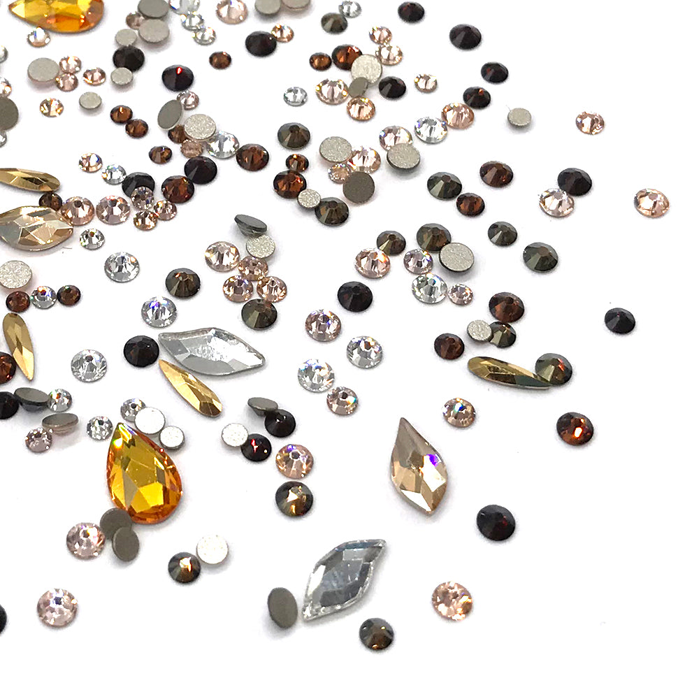 100 pcs Assorted Mixed Swarovski 2058 XILION Round &amp; Special Shaped Flatbacks No-Hotfix for Nail Art, brown AUTUMN Mix Colors