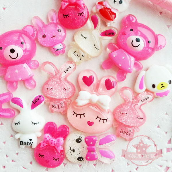 Assorted Mix Resin Flatback Cabochon, Rabbit &amp; Bear