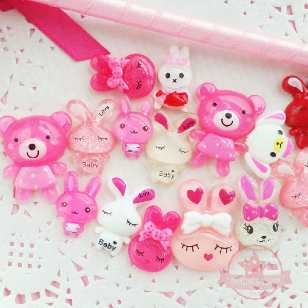 Assorted Mix Resin Flatback Cabochon, Rabbit &amp; Bear