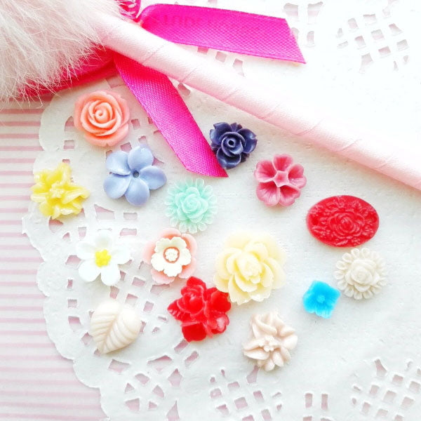 Assorted Mix Resin Flatback Cabochon, Flower &amp; Leaf