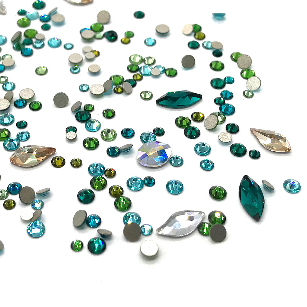 100 pcs Assorted Mixed Swarovski 2058 XILION Round &amp; Special Shaped Flatbacks No-Hotfix for Nail Art, green teal FOREST Colors