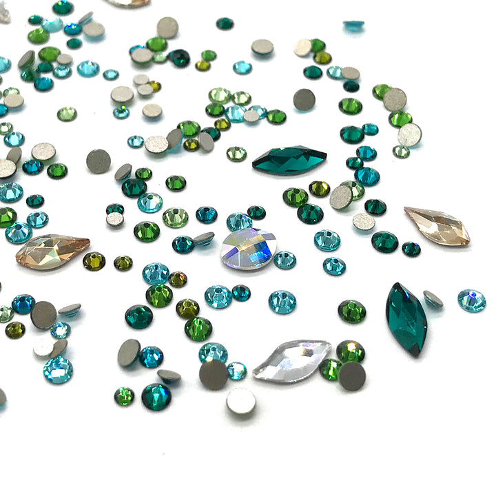 100 pcs Assorted Mixed Swarovski 2058 XILION Round &amp; Special Shaped Flatbacks No-Hotfix for Nail Art, green teal FOREST Colors