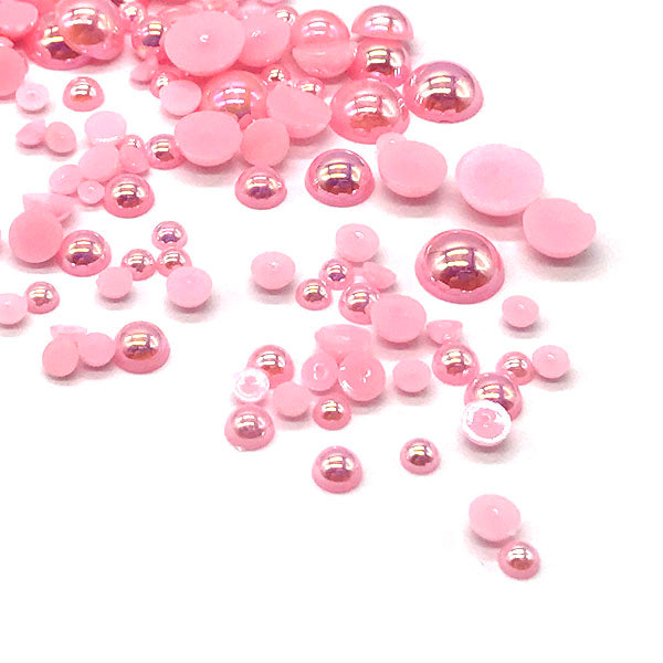 Assorted Mix Sizes (2mm to 10mm) Faux Round Shiny Pearls Flatback Cabochon, Pink AB