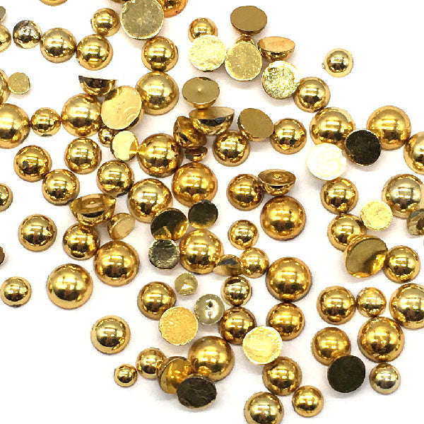 Assorted Mix Sizes (3mm to 6mm) Faux Round Pearls Flatback Cabochon, Gold