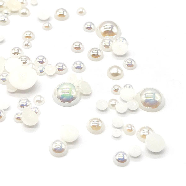 Assorted Mix Sizes (2mm to 10mm) Faux Round Shiny Pearls Flatback Cabochon, Cream AB