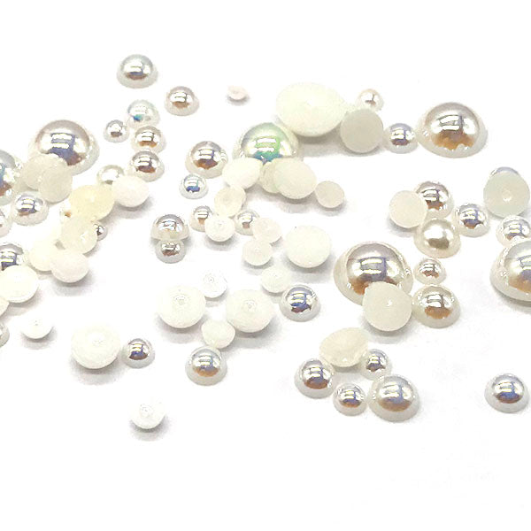 Assorted Mix Sizes (2mm to 10mm) Faux Round Shiny Pearls Flatback Cabochon, Cream AB