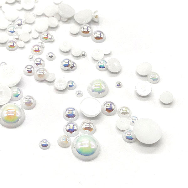 Assorted Mix Sizes (2mm to 10mm) Faux Round Shiny Pearls Flatback Cabochon, White AB