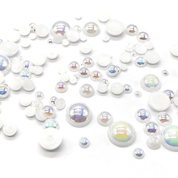 Assorted Mix Sizes (2mm to 10mm) Faux Round Shiny Pearls Flatback Cabochon, White AB