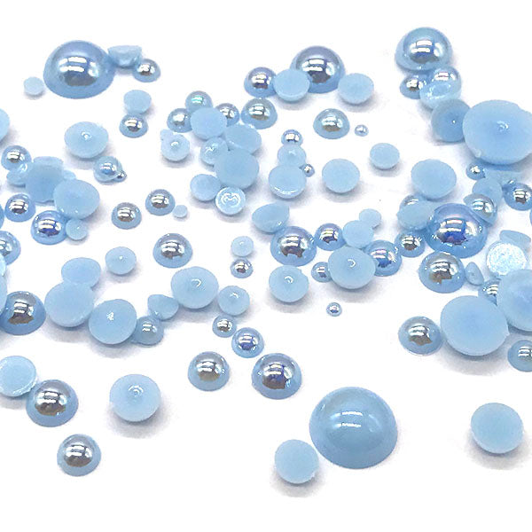 Assorted Mix Sizes (2mm to 10mm) Faux Round Shiny Pearls Flatback Cabochon, Blue AB