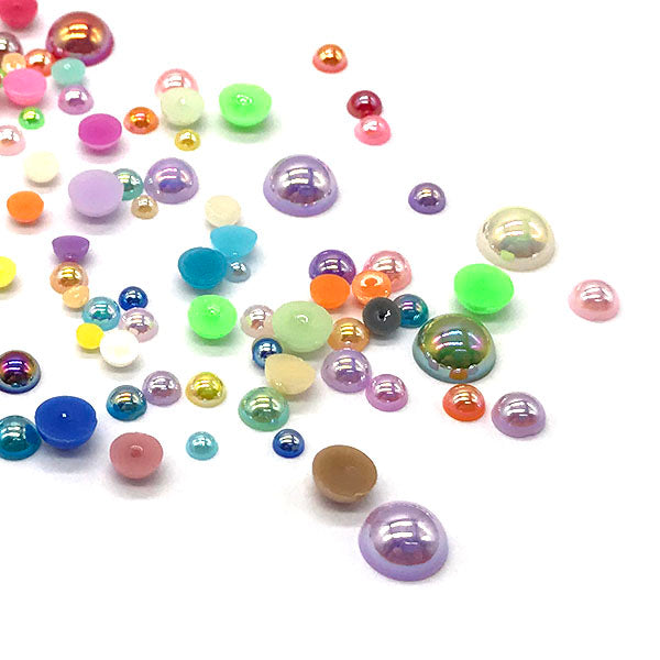 Assorted Mix Sizes (3mm to 8mm) Faux Round Shiny Pearls Flatback Cabochon, Mix Colors AB