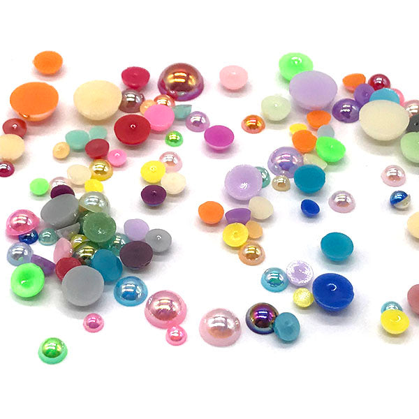 Assorted Mix Sizes (3mm to 8mm) Faux Round Shiny Pearls Flatback Cabochon, Mix Colors AB