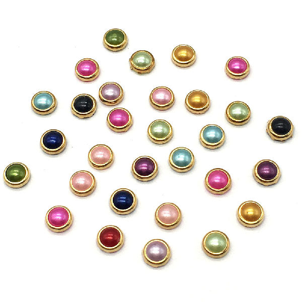 Assorted Mix Colors (4mm) Faux Round Pearls Flatback Cabochon with Gold Metal Edge