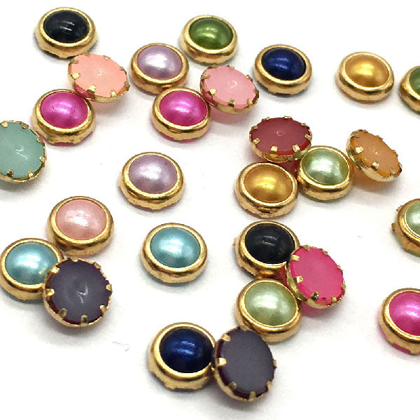 Assorted Mix Colors (4mm) Faux Round Pearls Flatback Cabochon with Gold Metal Edge